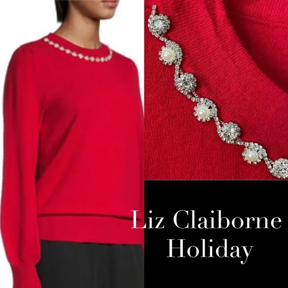 Liz Claiborne•Diamond Rhinestones & Pearls•Neckline Red Sweater•Large - Picture 9 of 9